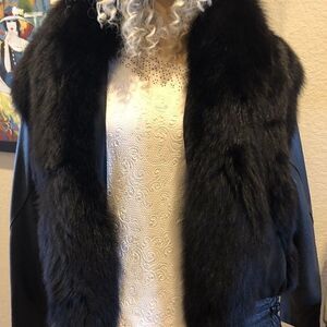 Black Leather Jacket with Black Fox Fur‎